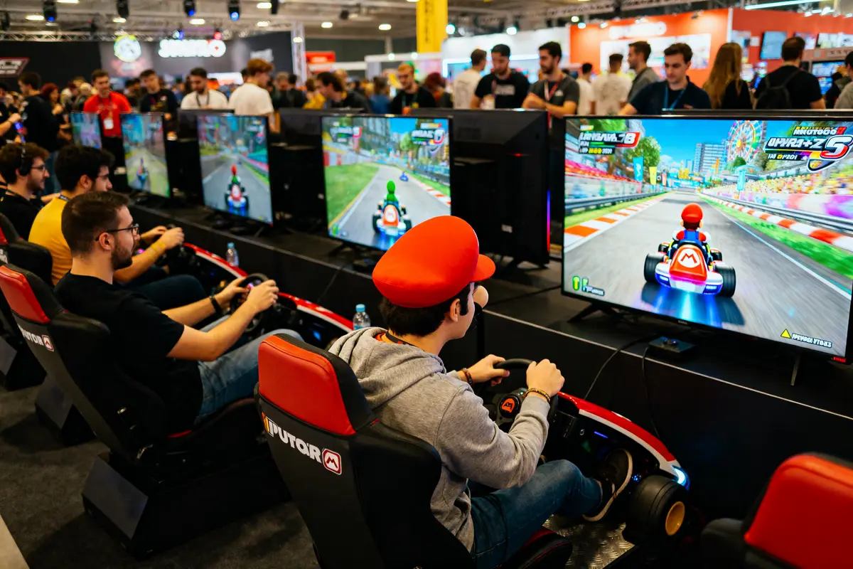 Des joueurs en tournoi testent la meilleure combinaison à Mario Kart 8 sur écran géant