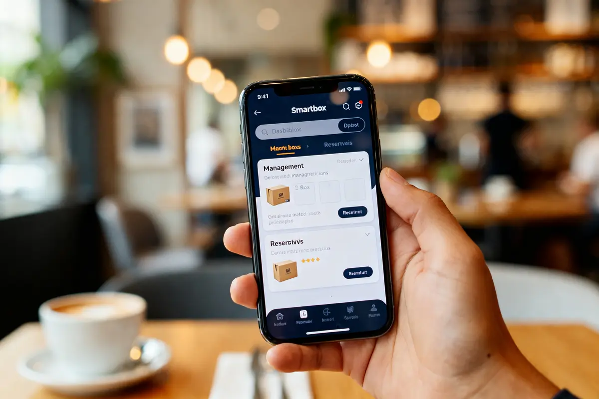 Main tenant un smartphone affichant l'application mon compte Smartbox dans un café chaleureux