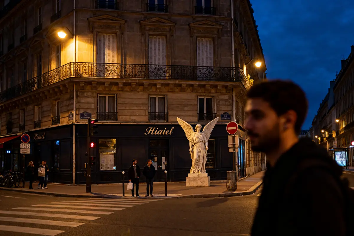 Un homme passe devant une statue la nuit, évoquant la signification de 23h23.