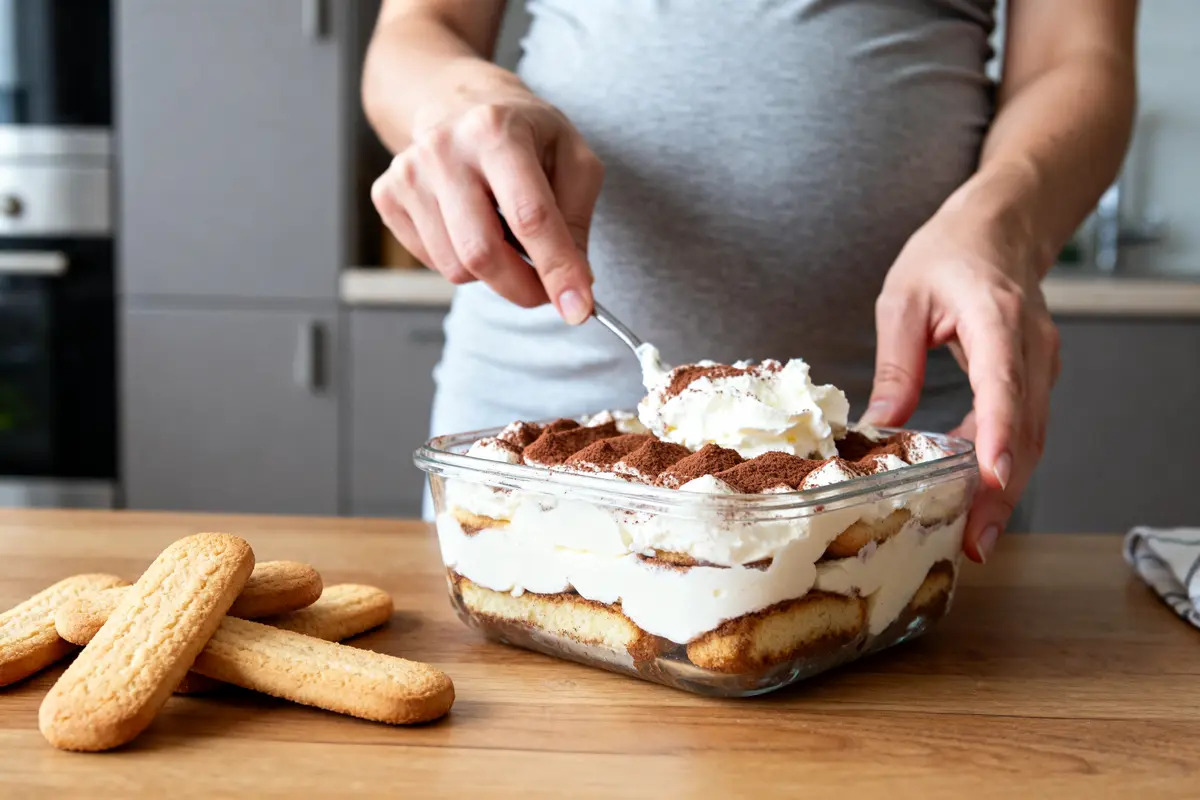 Femme enceinte préparant un tiramisu avec crème et biscuits dans une cuisine moderne