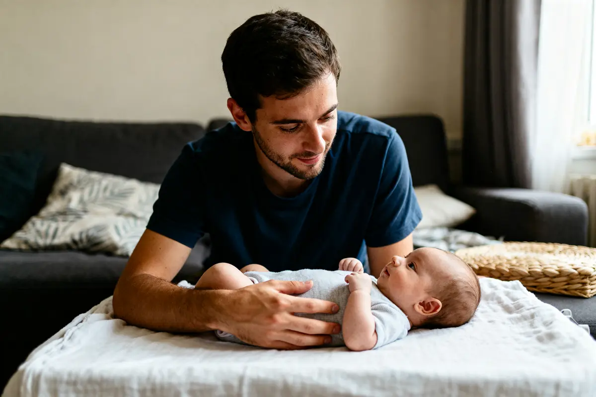 Un père joue avec son bébé yamonbebe allongé sur le canapé du salon