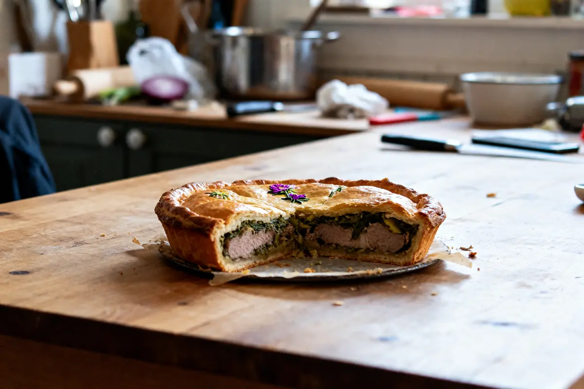 Tarte avec farce viande et légumes sur une table cuisine Caprice des Dieux enceinte