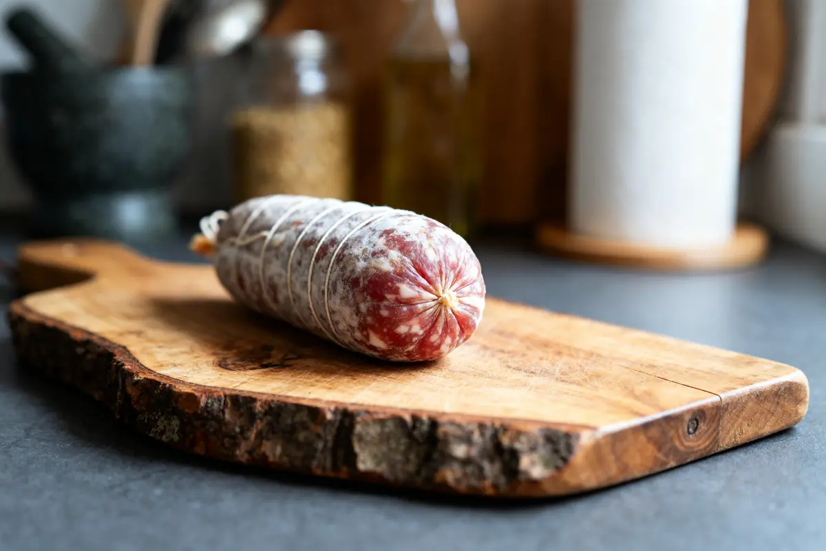 Cervelas enceinte posé sur une planche en bois dans une cuisine rustique