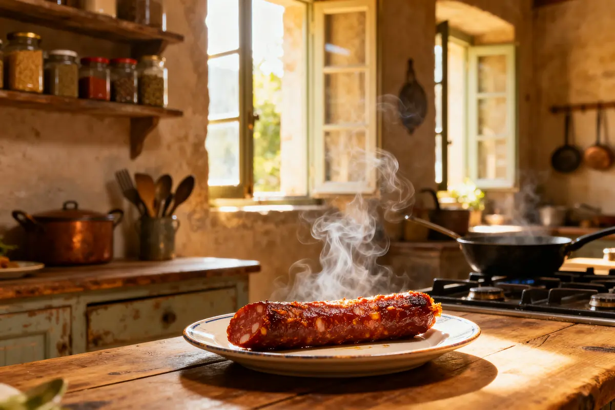 Chorizo cuit enceinte sur assiette dans une cuisine ensoleillée avec vapeur montante