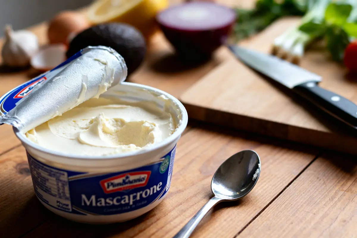 Pot de mascarpone ouvert avec cuillère, table en bois, idéal pour recettes enceinte
