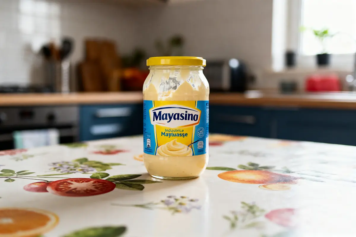 Pot de mayonnaise industrielle sur table décorée en cuisine enceinte lumineuse