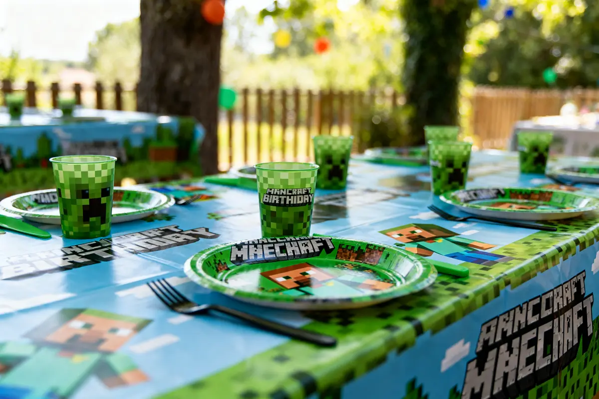 Table dressée pour fête d'anniversaire sur le thème de Minecraft avec décoration pixelisée