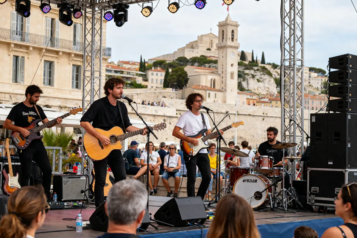 Concert en plein air aujourd'hui à Marseille avec groupe sur scène devant public attentif