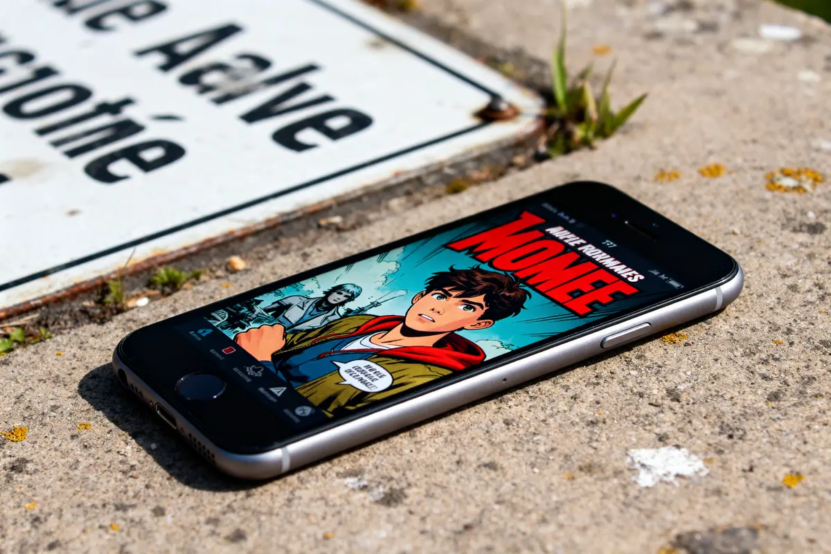 Smartphone affichant une bande dessinée pour ado de 17 ans sur le trottoir
