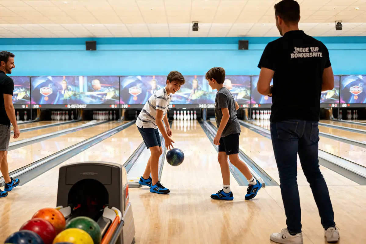 Enfants jouant au bowling à Carquefou avec des sourires et des pistes colorées