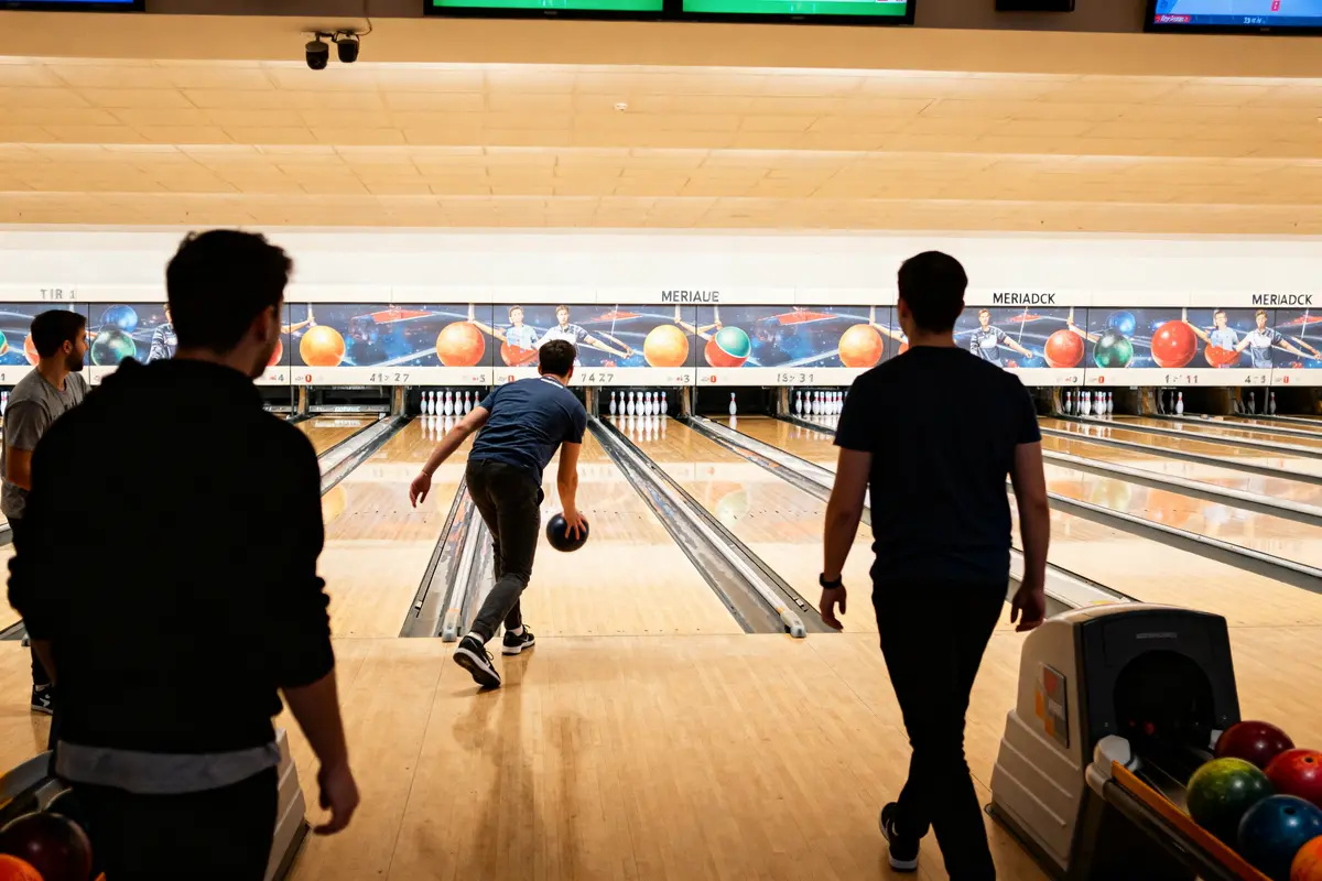 Personnes jouant au bowling au bowling de Mériadeck avec quilles et balles colorées
