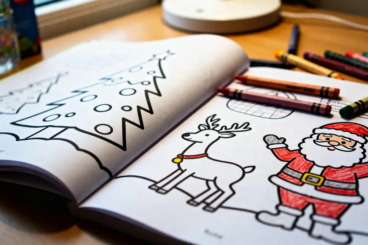 Livre de coloriage de Noël maternelle avec Père Noël, renne et sapin à colorier