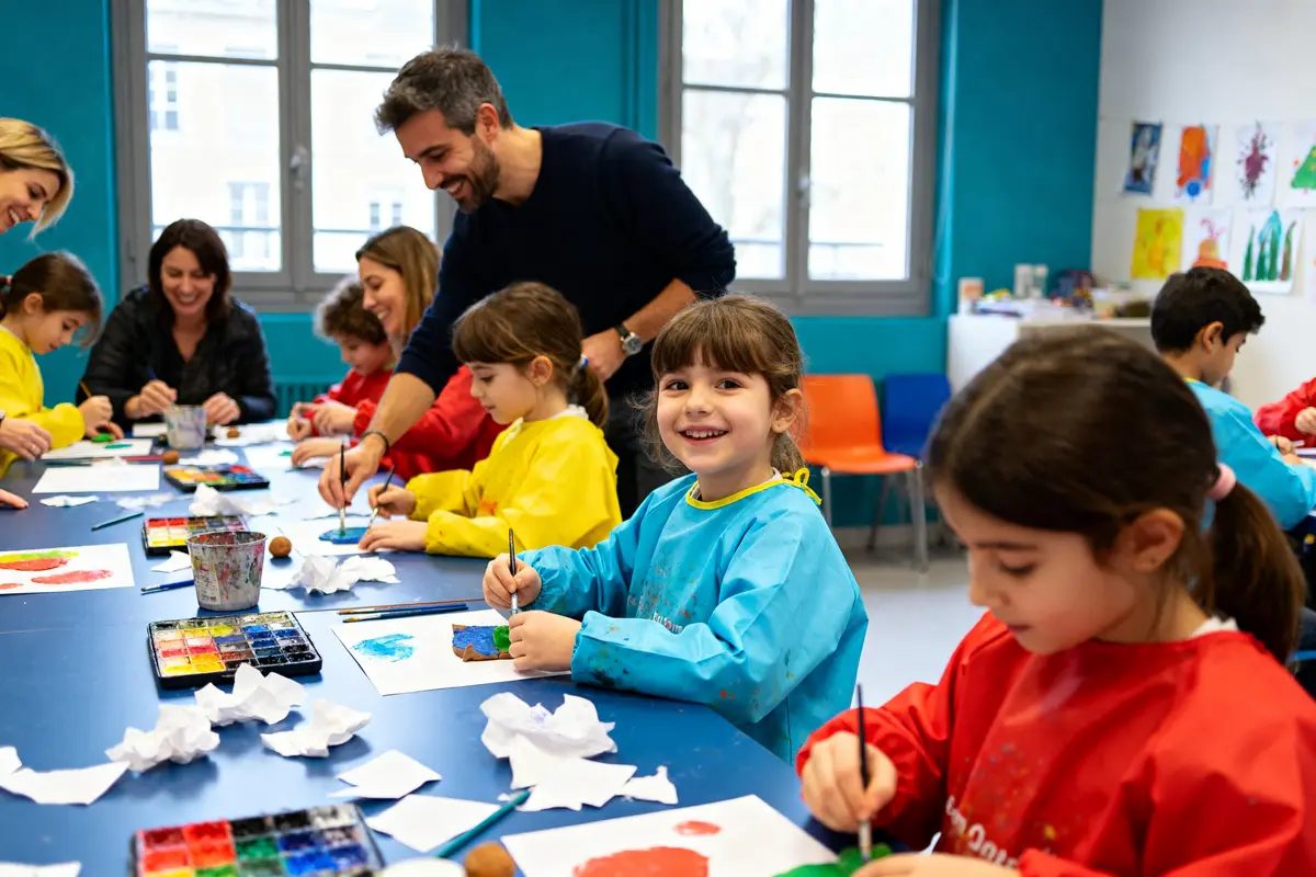 Enfants peignant en atelier, guidés par adultes, découvrant l'expression artistique en groupe.