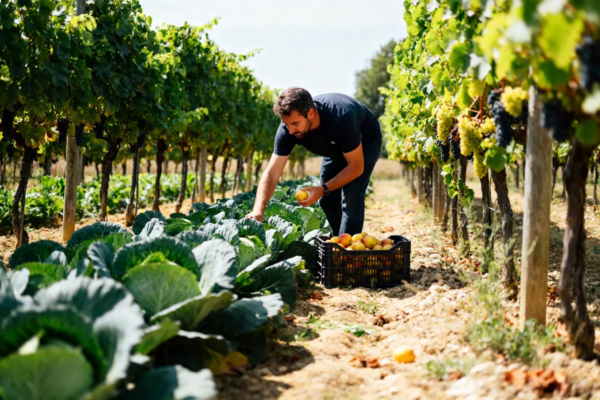 Homme récoltant des pommes dans un vignoble lors de la cueillette à Bordeaux