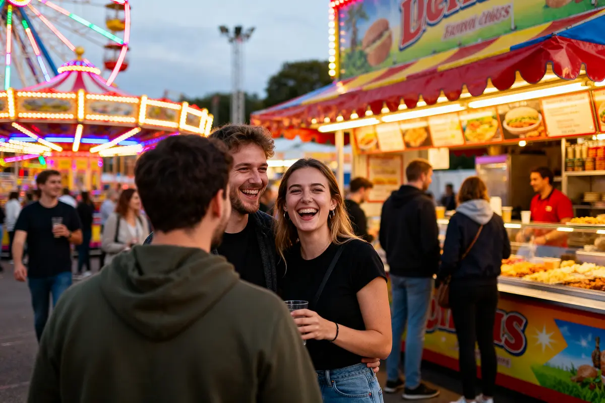 Gens heureux profitant d'une fête foraine à Lille autour de manèges et stands alimentaires