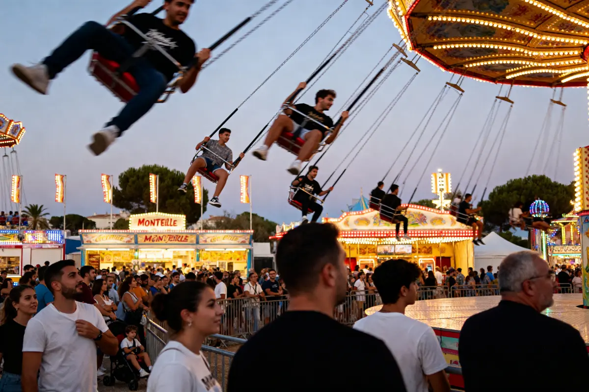 Manèges à chaises volantes lors d'une fête foraine animée à Montpellier