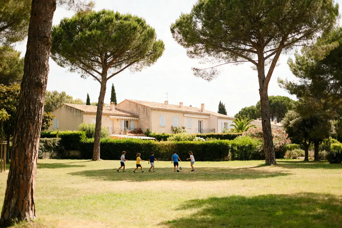Enfants jouant au football dans un parc verdoyant à proximité des semboules.