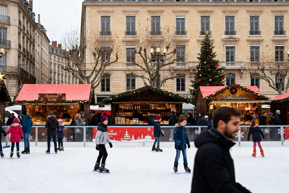 Patinoire et chalets à Lyon pour Noël, entourés de décorations et sapin illuminé