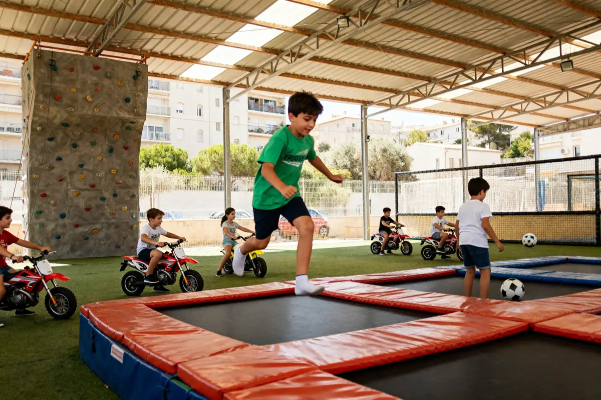 Enfants jouant sur trampoline et motos électriques à Magic City La Valentine indoor.