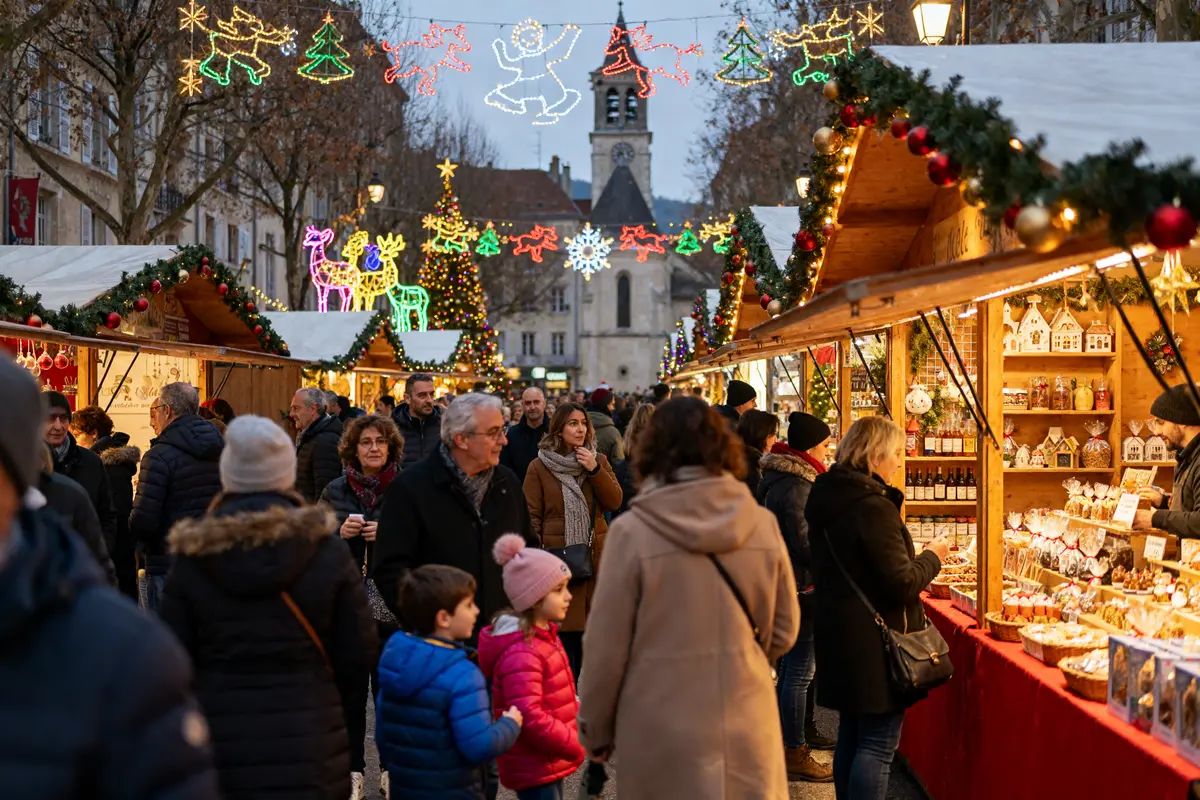 Foule explorant le marché de Noël 2025 en Rhône-Alpes avec décorations lumineuses et chalets