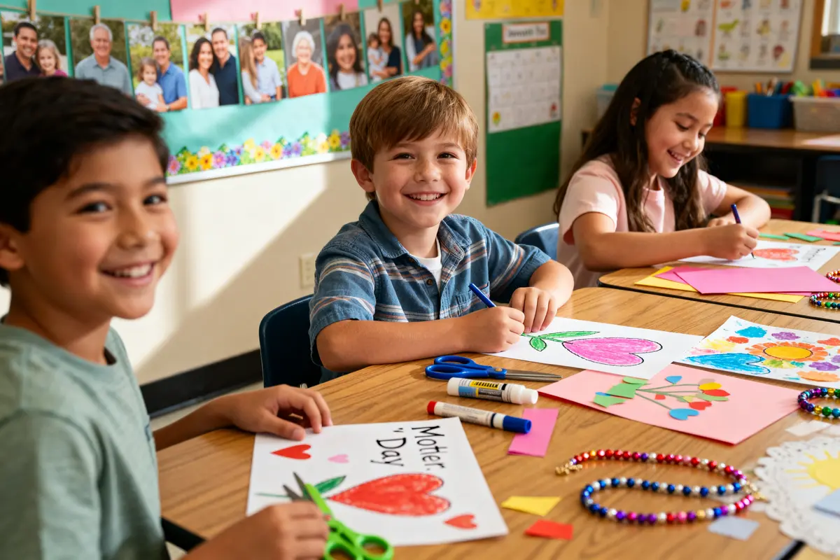 Enfants réalisant des cartes pour la fête des mères en maternelle avec enthousiasme.