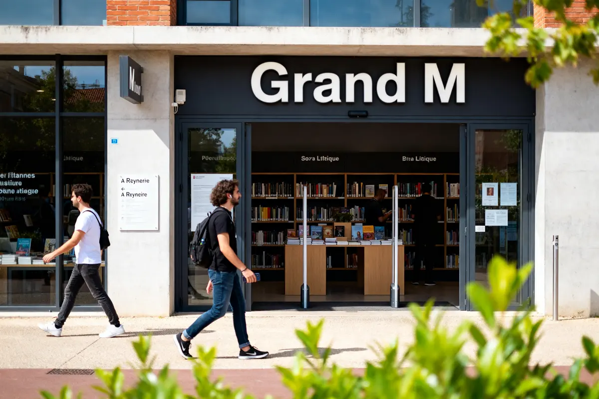 Entrée de la médiathèque Grand M avec deux personnes marchant devant l'entrée vitrée