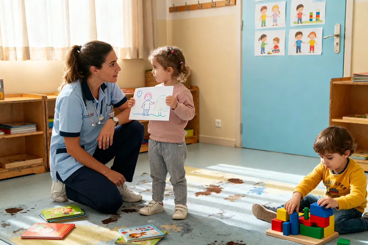 Éducatrice échange avec enfants en crèche, montrant un métier avec les enfants enrichissant