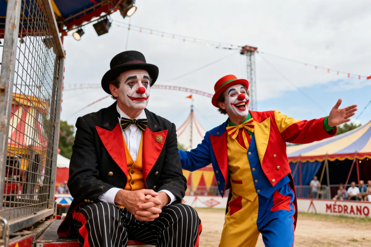 Deux clowns colorés posant joyeusement devant une tente de cirque nom de clown célèbre.