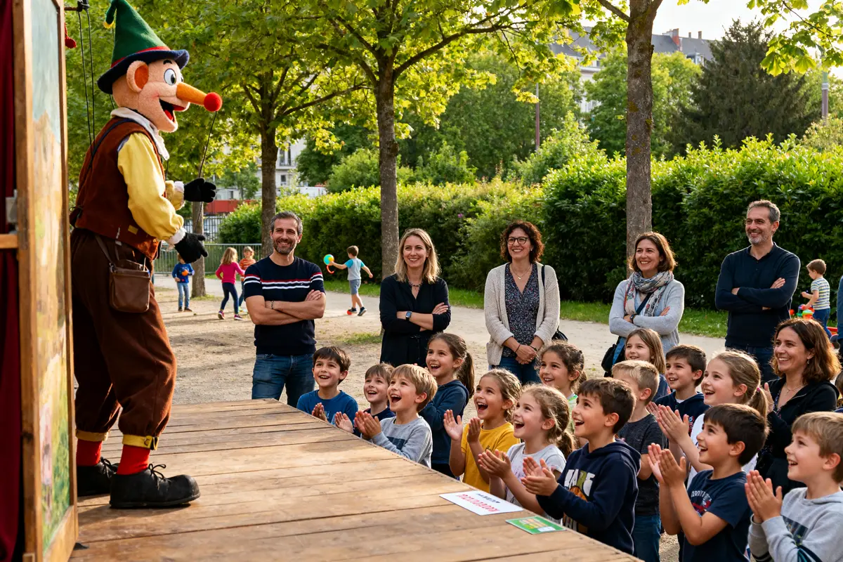 Spectacle pour enfants à Lille avec marionnette amusante captivant un public joyeux et souriant