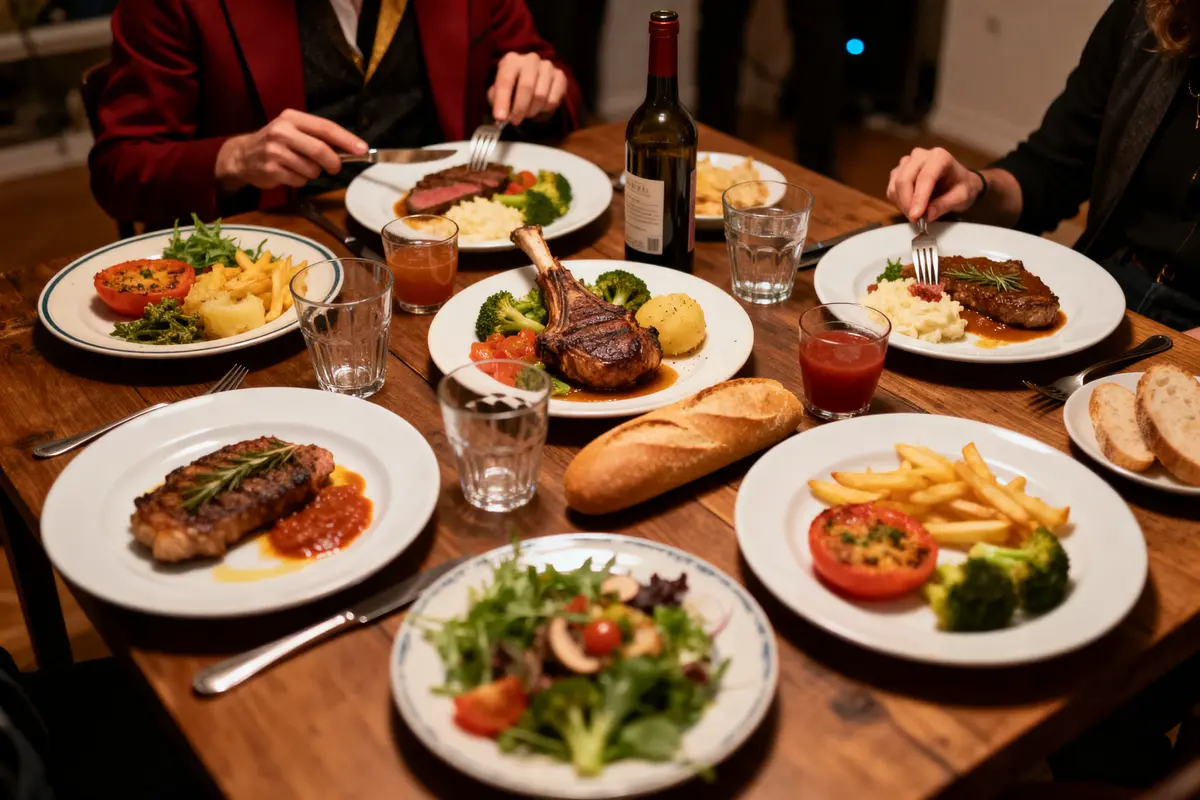 Dîner convivial avec steak et légumes, prêt à savourer comme taste the screen.