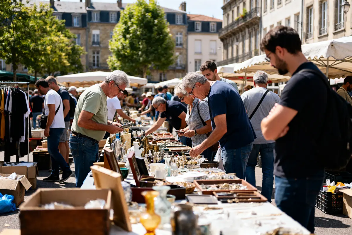 Participants explorant les stands au vide-greniers de Clermont-Ferrand sous le soleil estival