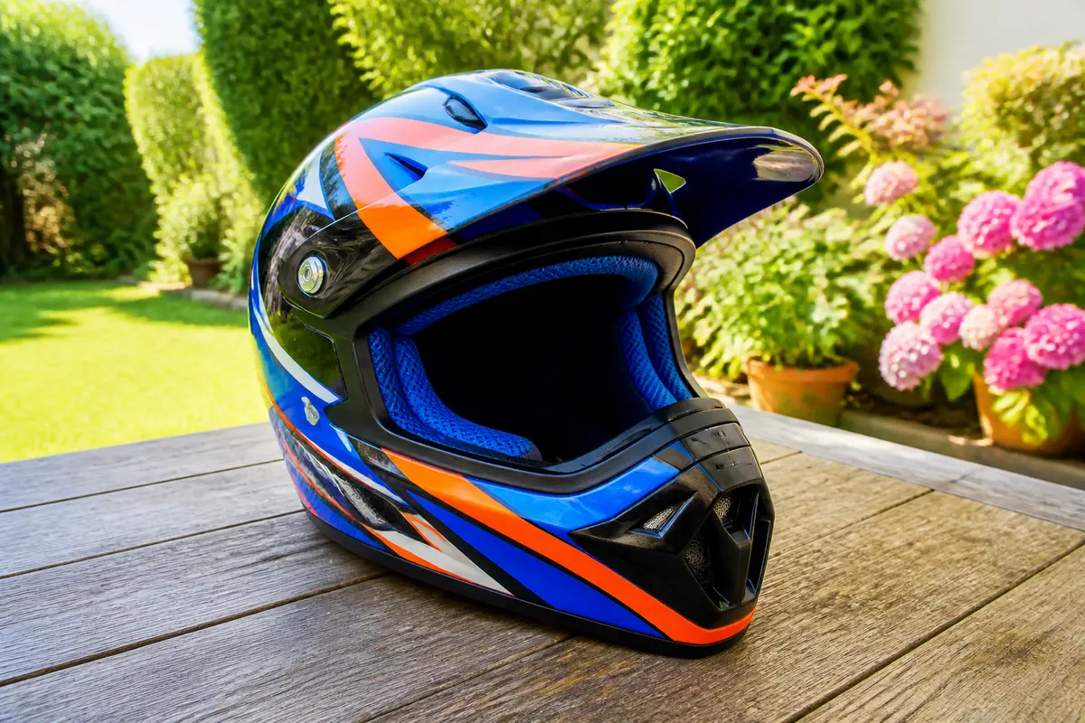 Casque intégral enfant bleu et orange posé sur une table en bois dans le jardin