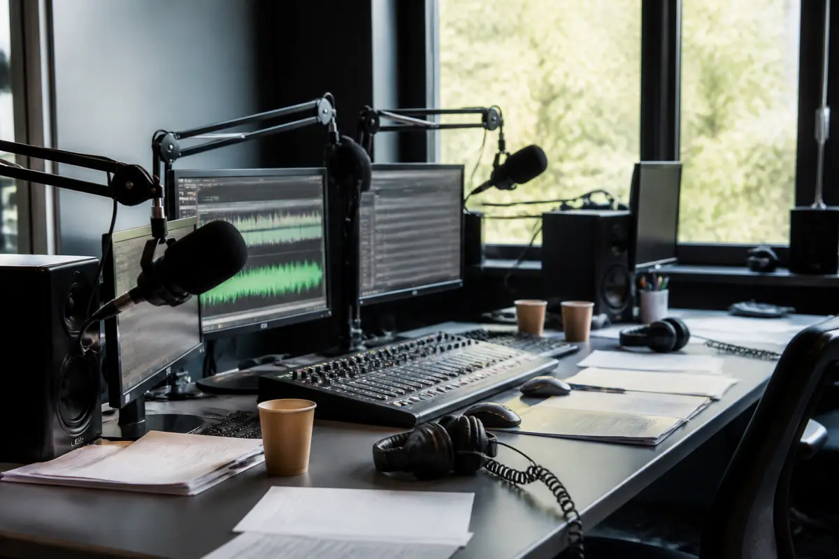 Studio moderne pour radio dédiée aux ados avec micros, casques et matériel d'enregistrement