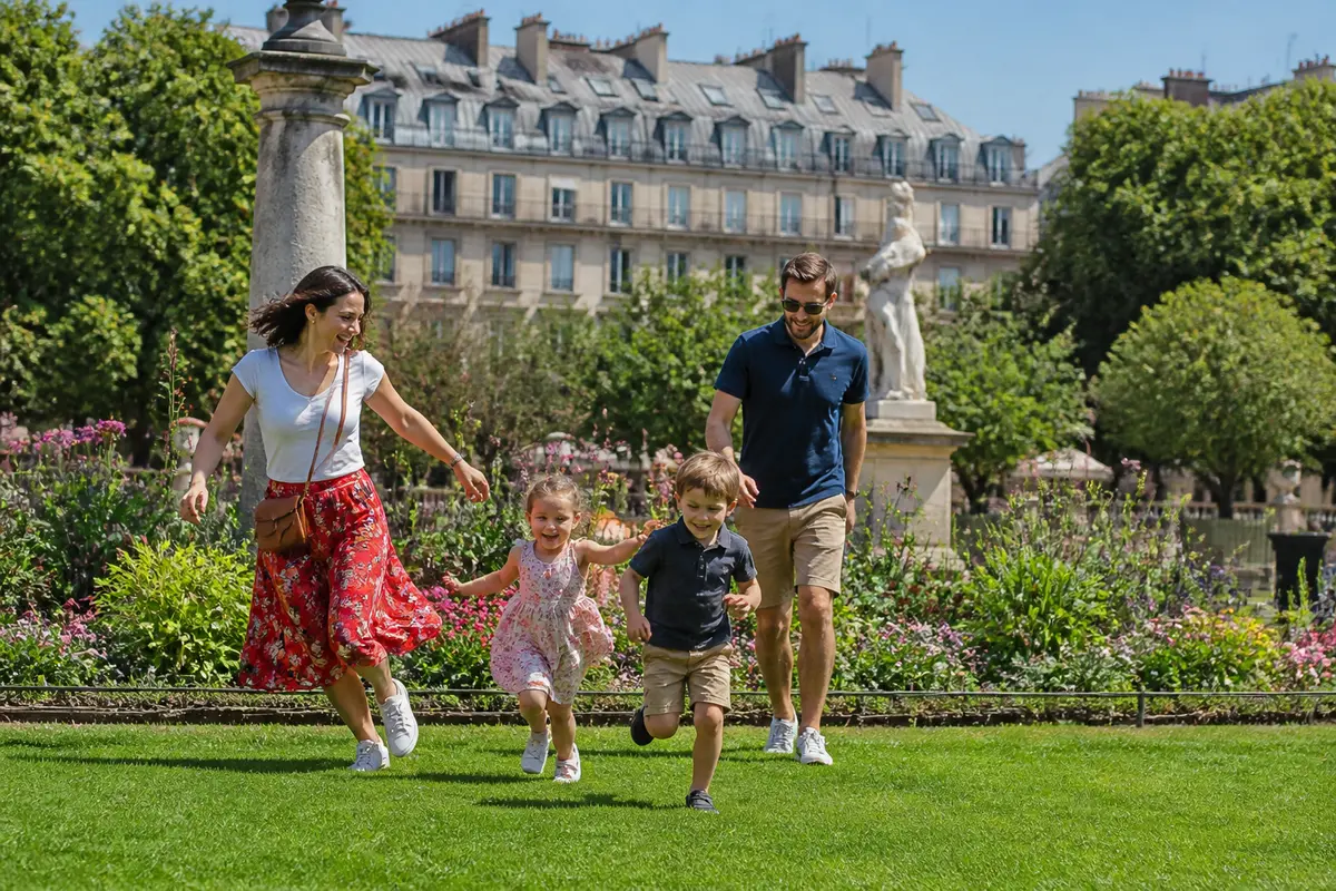 Famille profitant d'une sortie à Paris en famille ce week-end dans un jardin parisien