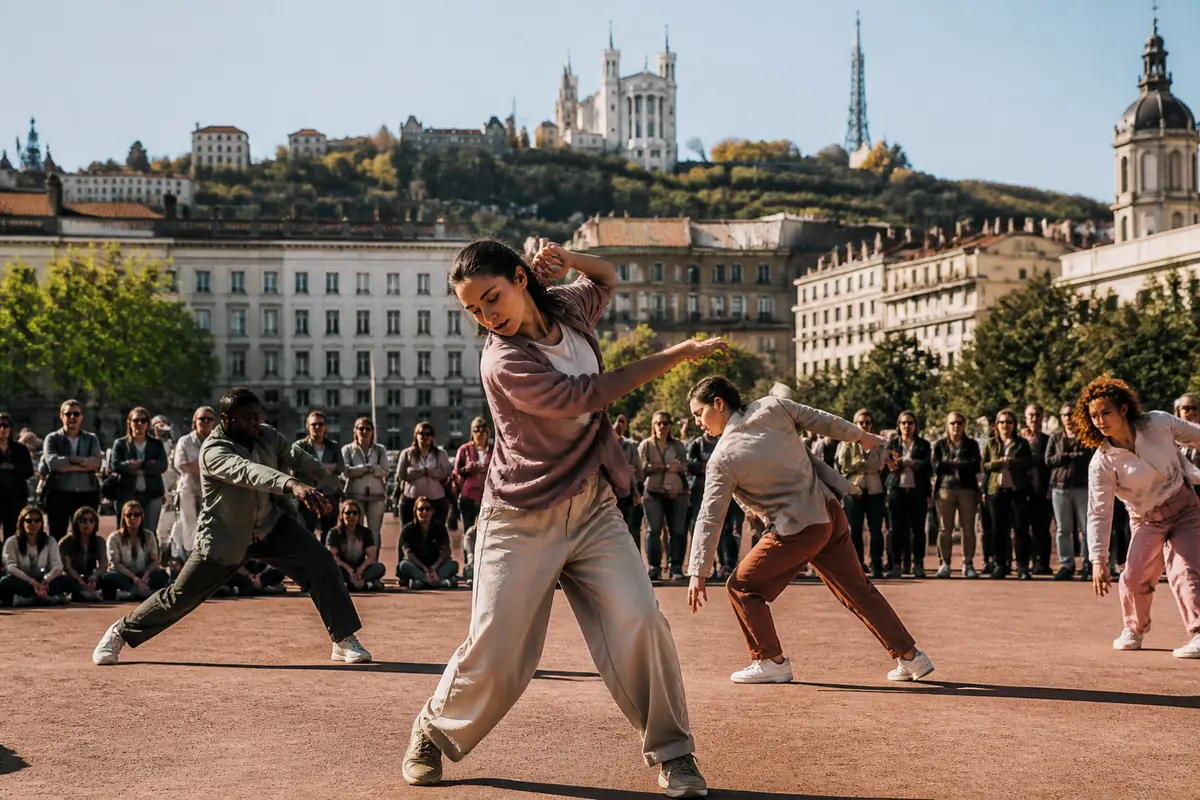 Danseurs exécutant un spectacle de danse à Lyon devant un public enthousiaste en plein air